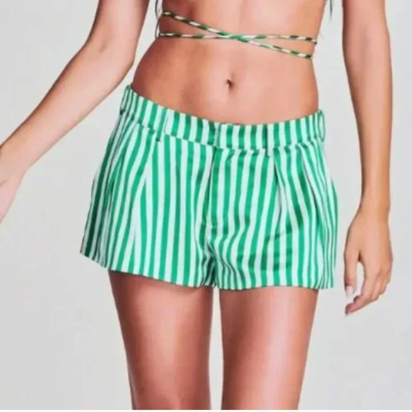 SER.O.YA Wren Wide Leg Short Kelly Green & White Stripe Silk Shorts XS NWT - Picture 1 of 7